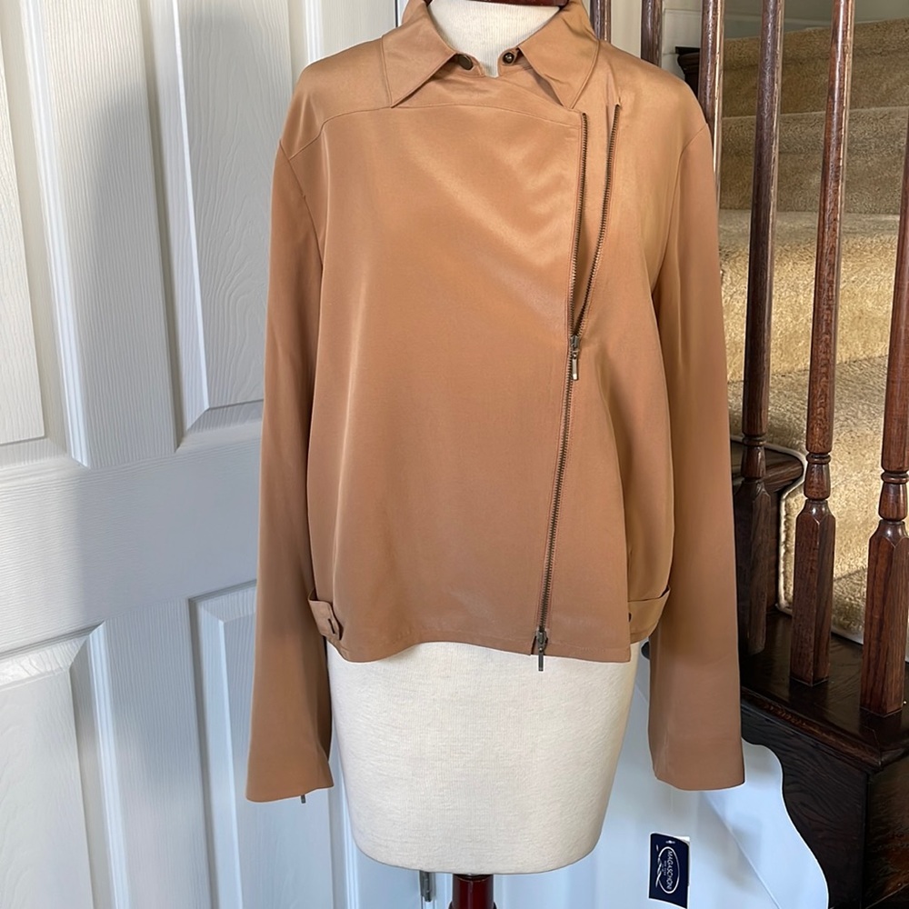 Magaschoni New York caramel SILK jacket lined zip up NWT
